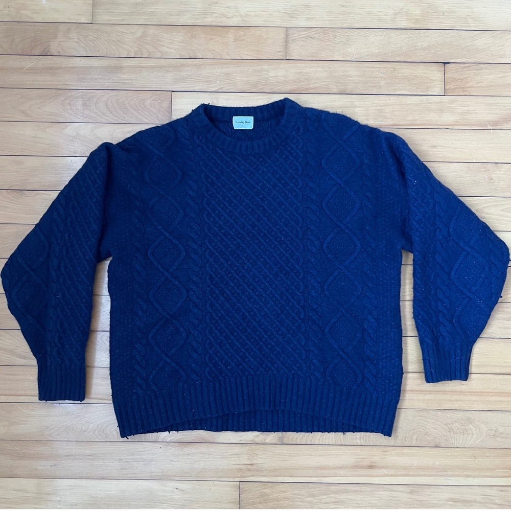 Sunday Best Aritzia Navy Blue Merino Wool Cable Knit Crewneck Sweater Small